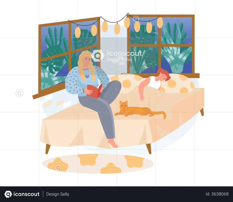 Mother reading a book while Daughter sleeping on bed  Illustration