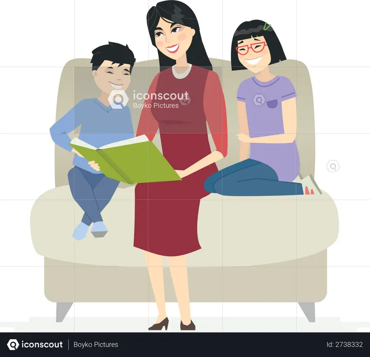 Mother reading a fairytale with kids  Illustration