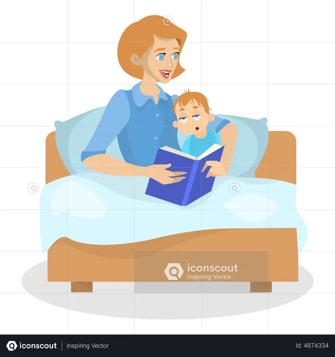 Mother reading book for a kid at bedtime  Illustration