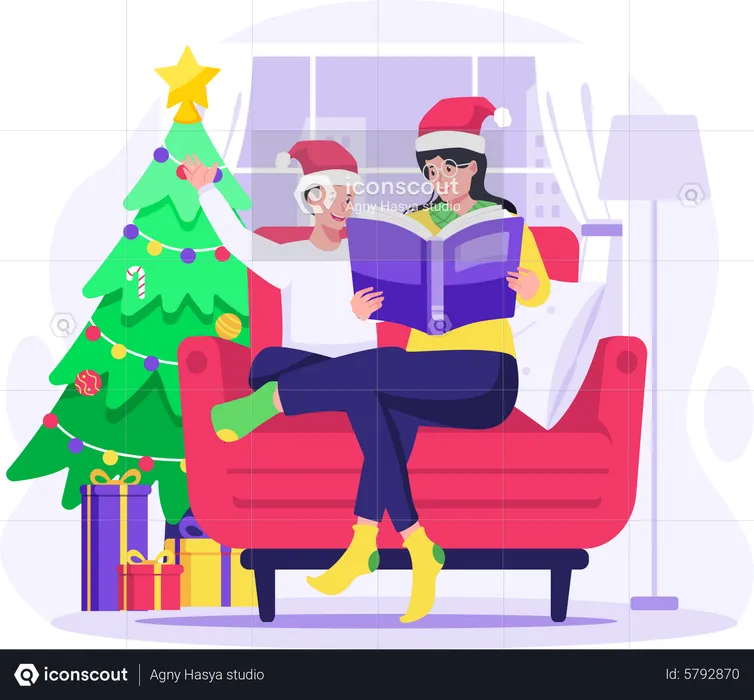 Mother reading fairy book to son and sitting on the sofa near the Christmas tree  Illustration