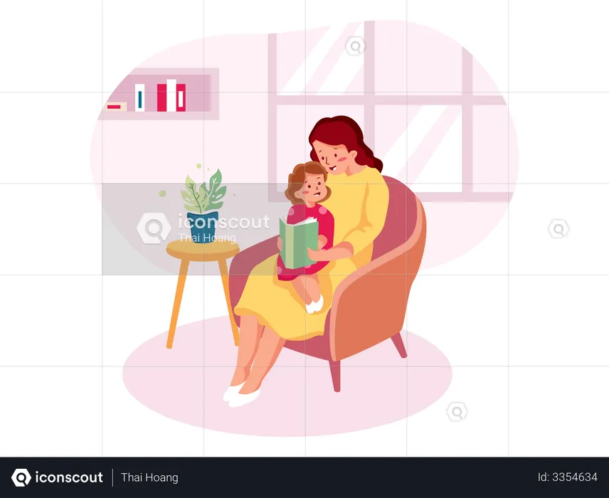 Mother reading fairy tale book to a baby daughter at home  Illustration