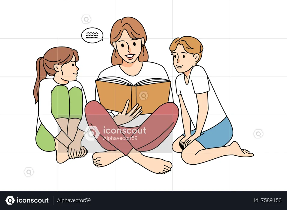 Mother reading story to kids  Illustration
