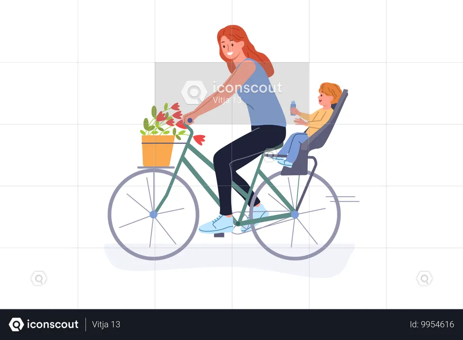 母親は幼い息子と一緒に自転車に乗り、新鮮な空気の中で夏のレクリエーションを楽しむ  イラスト