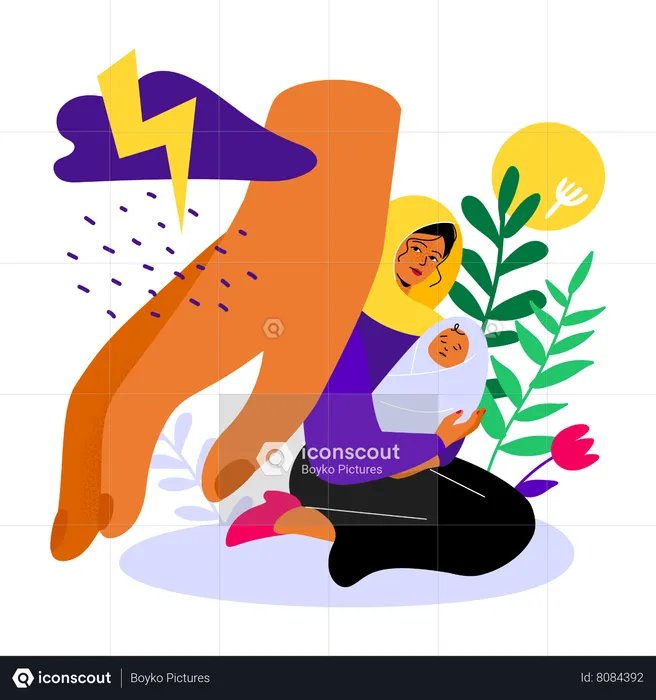 Mother sheltering a baby from a storm and a thunder  Illustration