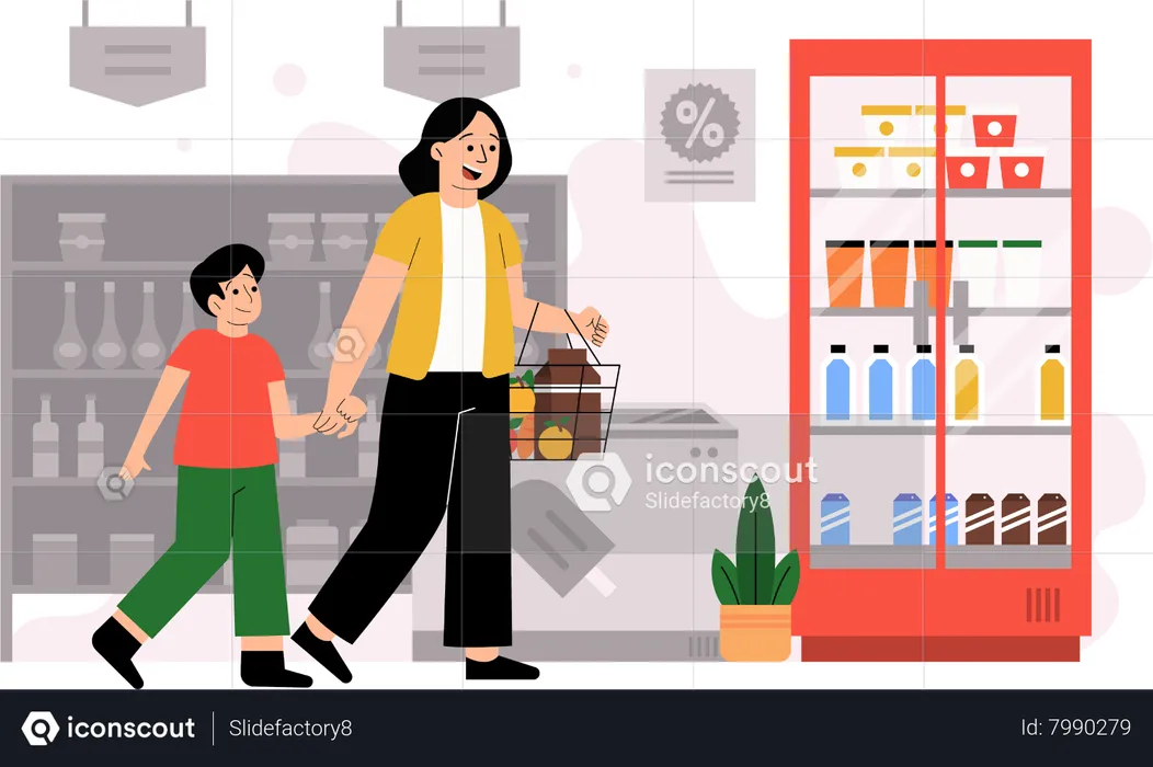 Mother shopping at grocery store with son  Illustration