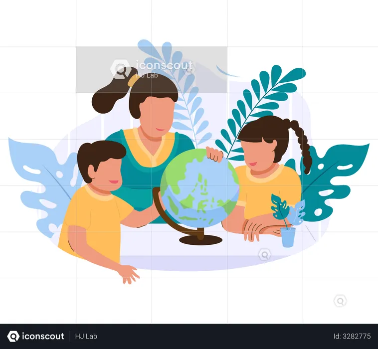 Mother showing the globe to her children  Illustration