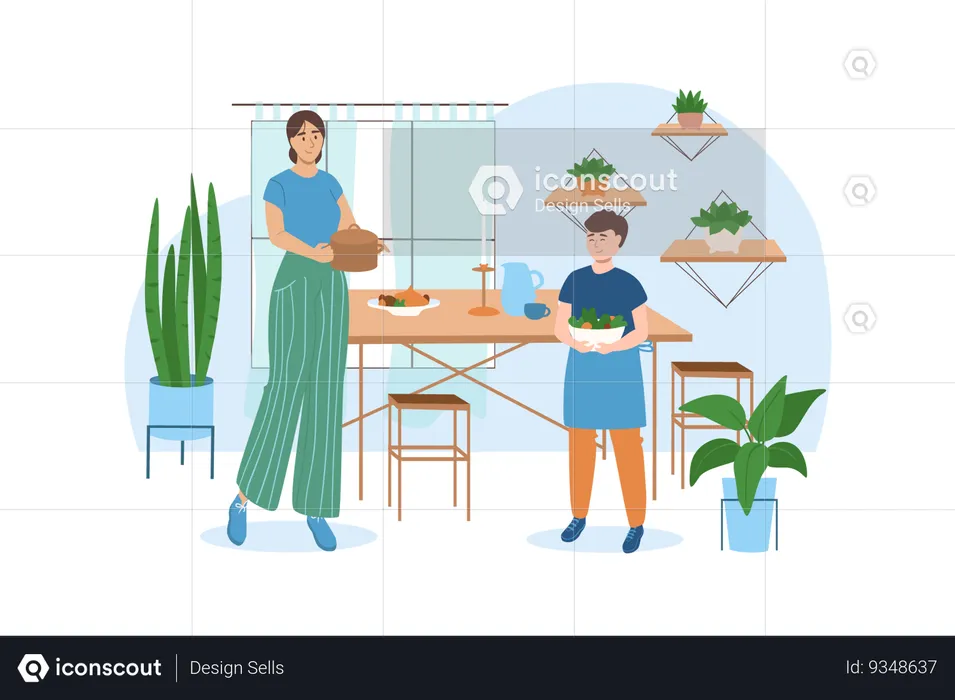 Mother shows her son how to properly cook dinner  Illustration