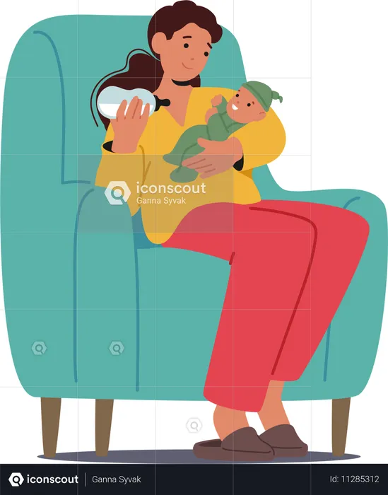 Mother Sits In Armchair Feeding Newborn Baby With Bottle  Illustration