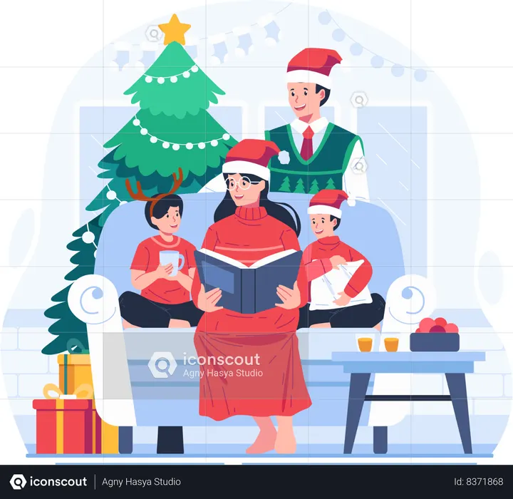 Mother Sits With Her Two Children on Sofa and Reads Book Together  Illustration