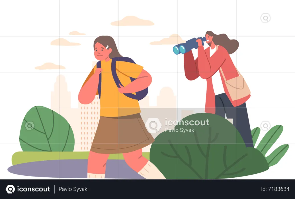 Mother Spying For Daughter Through Binoculars While She Walking To School  Illustration