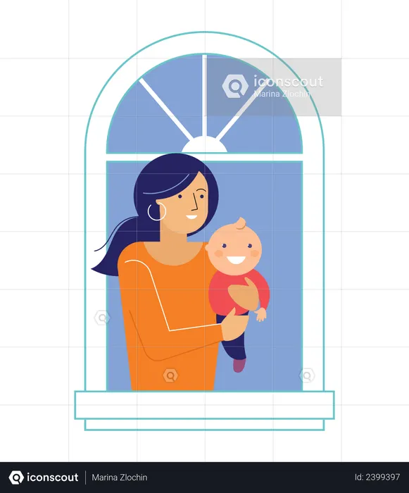 Mother standing in window with her child  Illustration