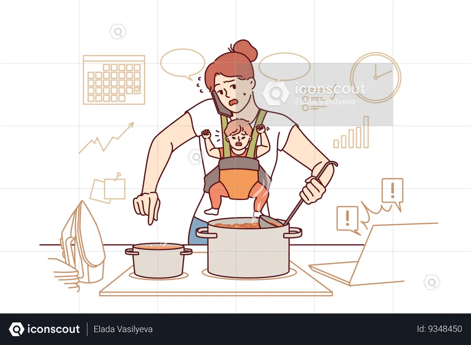 Mother takes care of baby and works around house at same time stands with phone near kitchen stove  Illustration