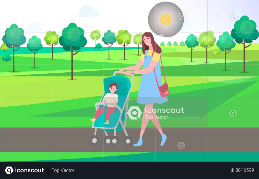 Mother takes her baby for walk in garden  Illustration