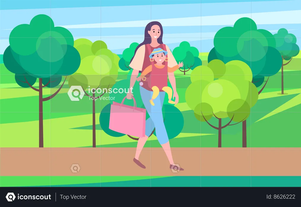 Mother taking baby in bag  Illustration