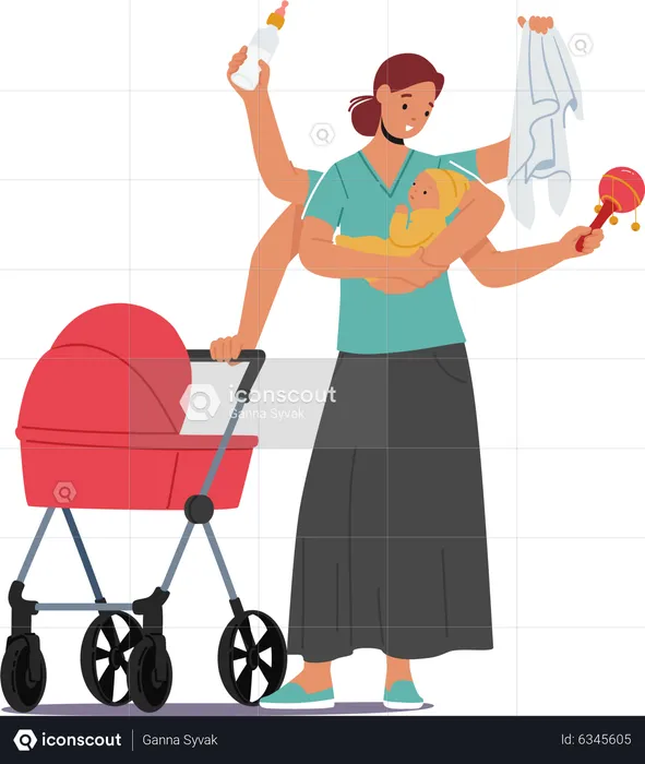 Mother taking care of newborn baby  Illustration