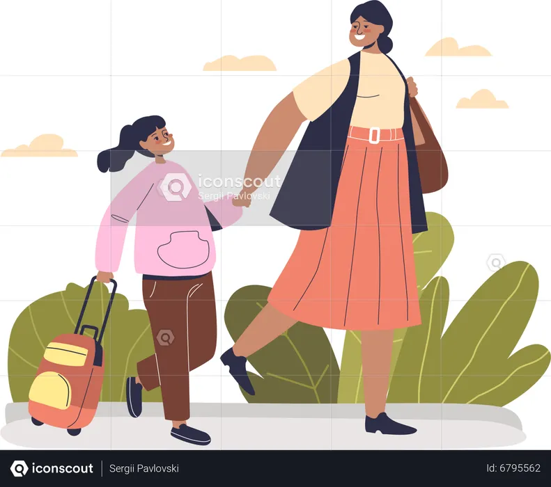 Mother taking kid girl to school  Illustration