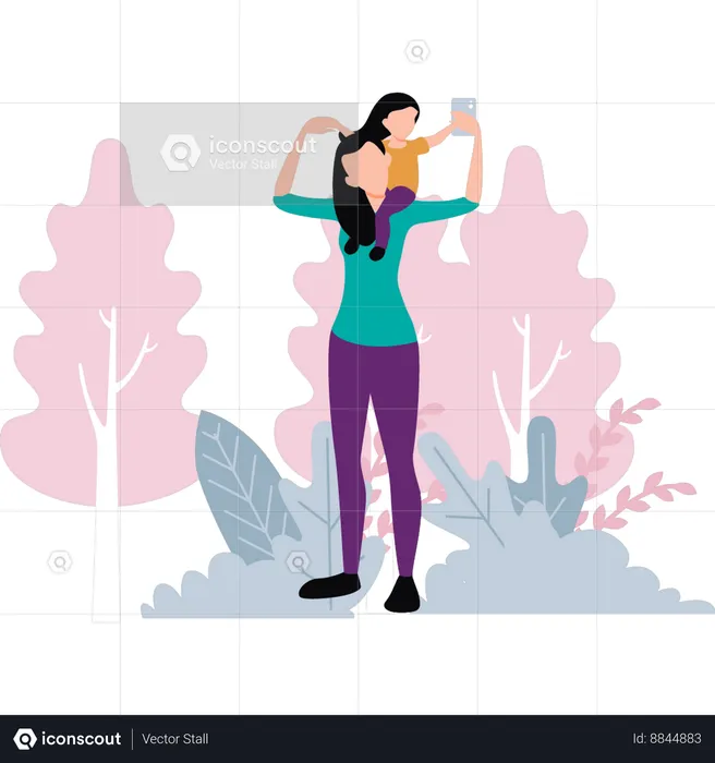 Mother taking selfie with daughter on phone  Illustration