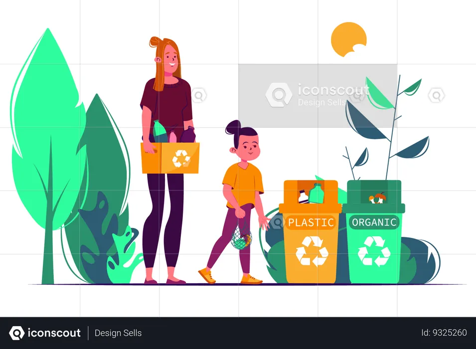 Mother teach her little daughter to sort garbage in order to save the environment  Illustration