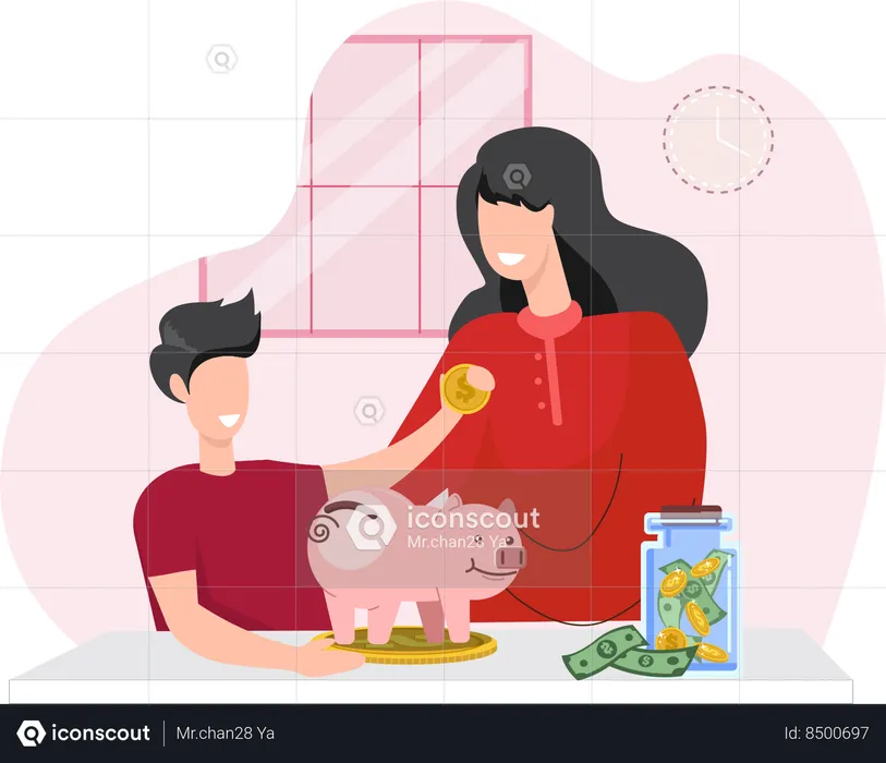 Mother teaches children about saving money  Illustration