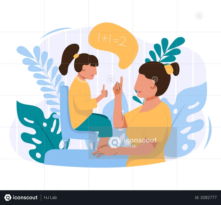 Mother teaches counting to her child  Illustration
