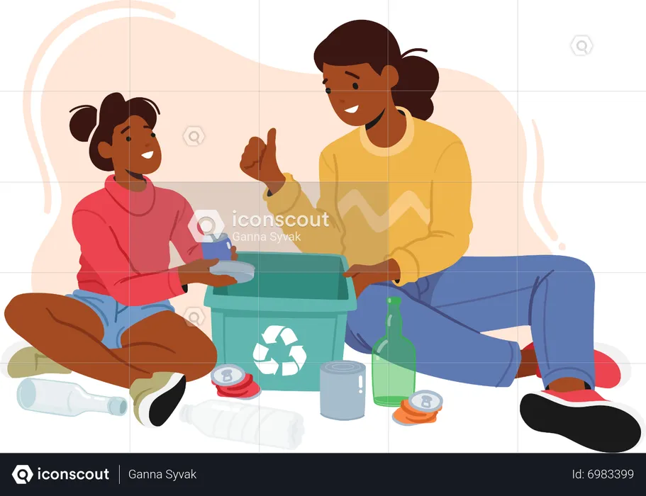 Mother teaching daughter about sorting trash  Illustration