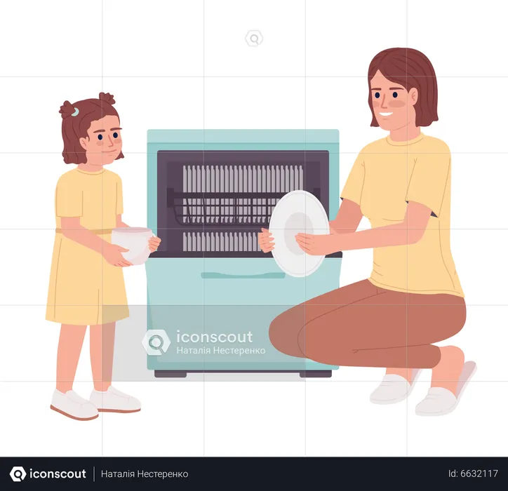 Mother teaching daughter loading dishwasher  Illustration