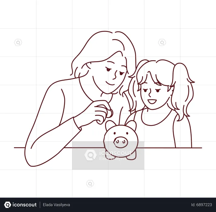 Mother teaching daughter to save money in piggy bank  Illustration