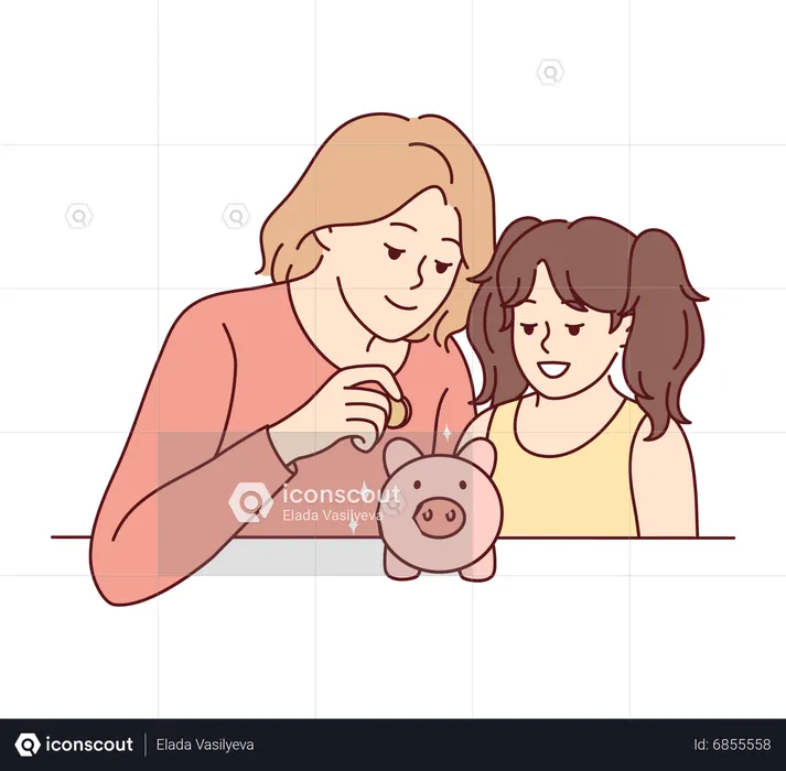 Mother teaching daughter to save money in piggy bank  Illustration