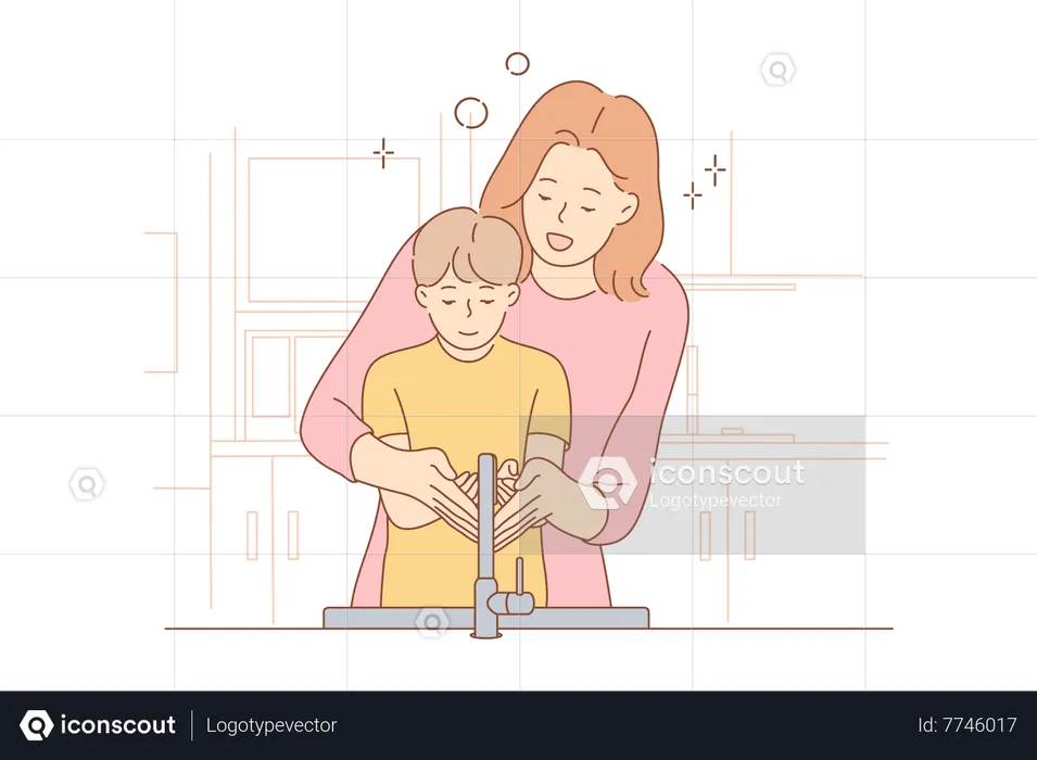 Mother teaching hand wash to son  Illustration