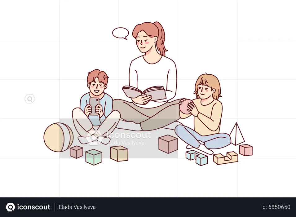Mother teaching little kids  Illustration