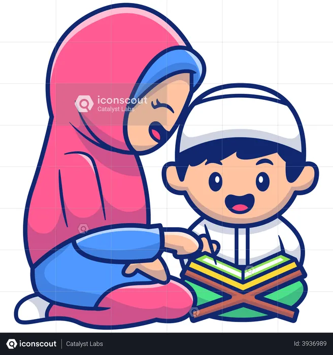 Mother teaching little muslim boy to read holy quran book  Illustration