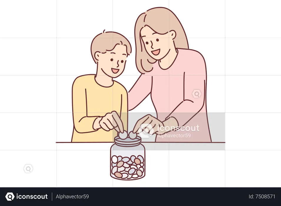 Mother teaching son to save money  Illustration