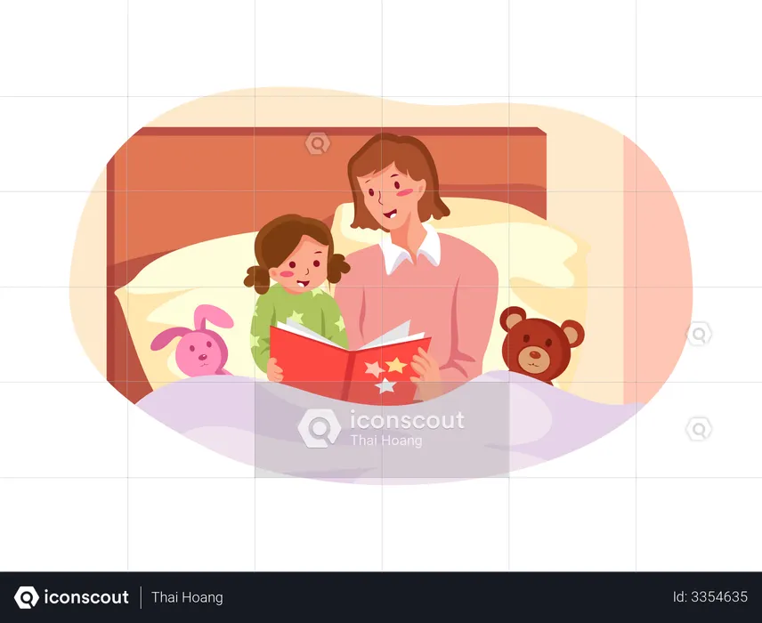 Mother telling a bedtime story to her child  Illustration