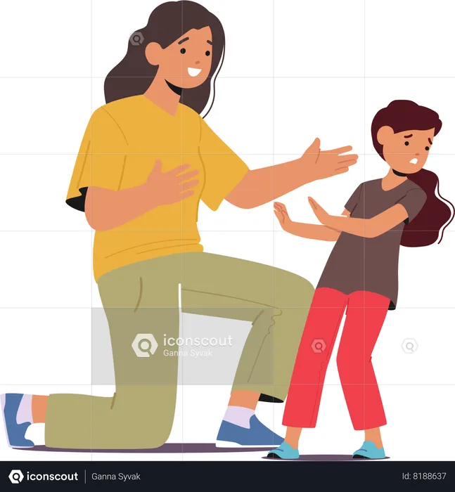 Mother Trying Interact With Autistic Daughter In Vain  Illustration