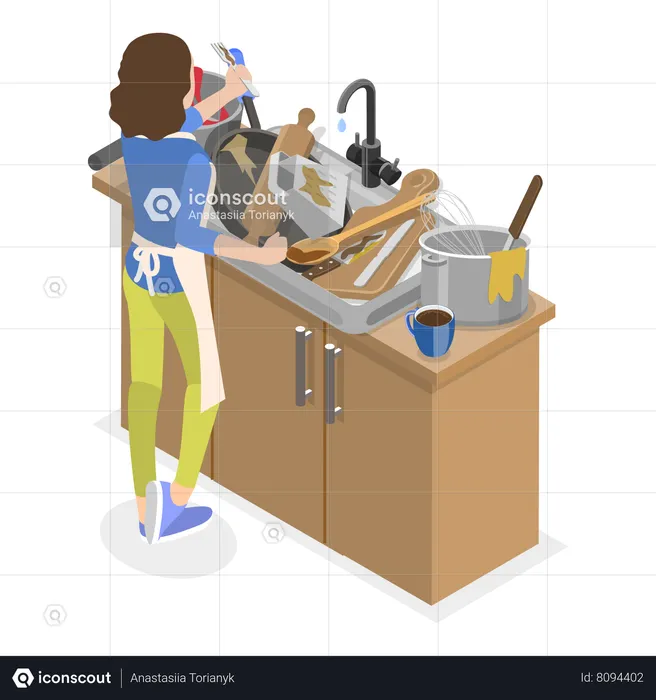 Mother trying to clean the dirty utensils in kitchen  Illustration