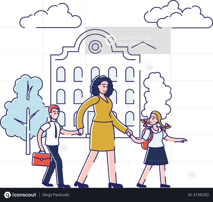 Mother walking son and daughter to school  Illustration
