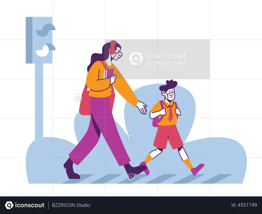 Mother walking son to drop to school  Illustration