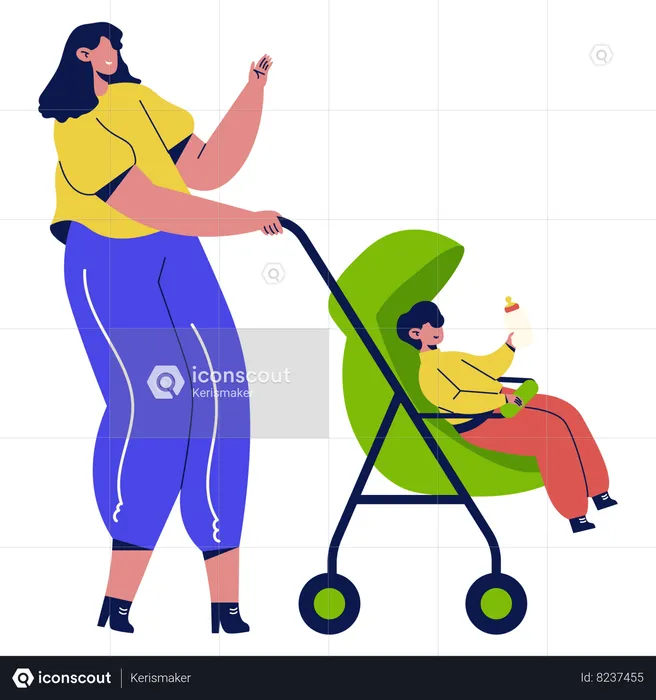 Mother walking with baby stroller  Illustration