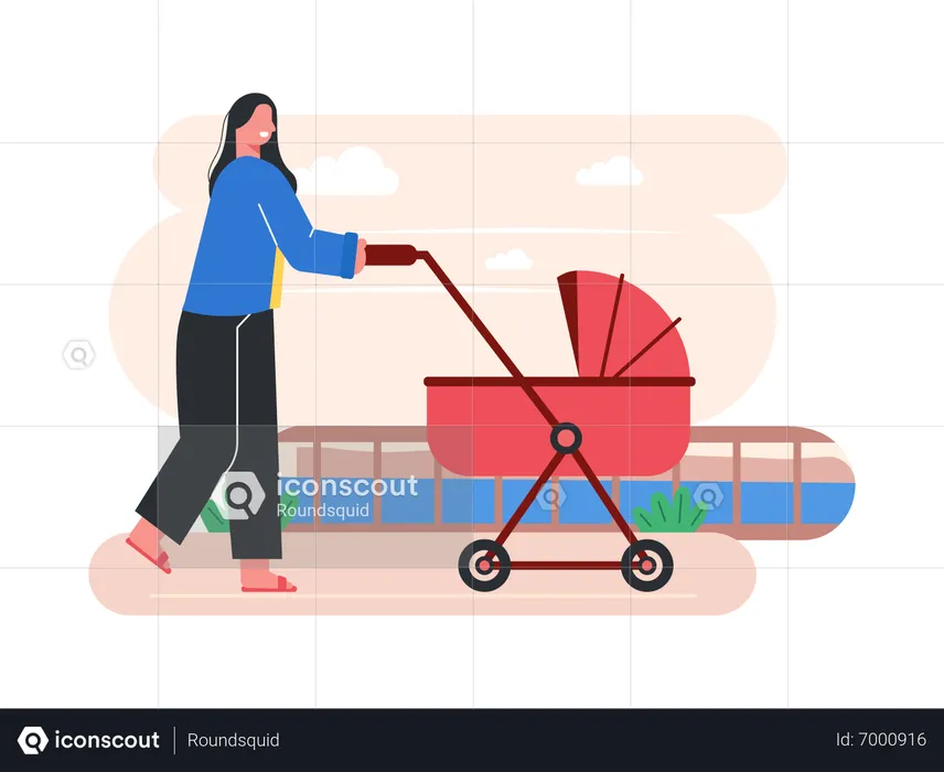 Mother walking with baby walker  Illustration