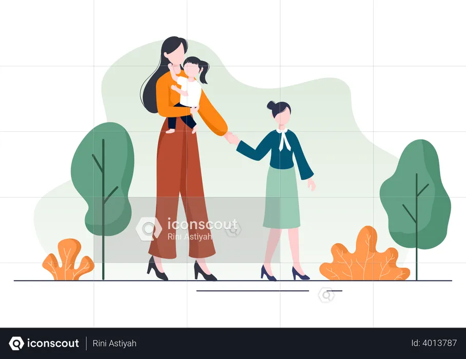 Mother walking with her kids  Illustration