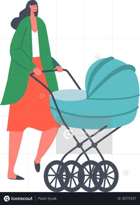 Mother walking with toddler in pushcart  Illustration