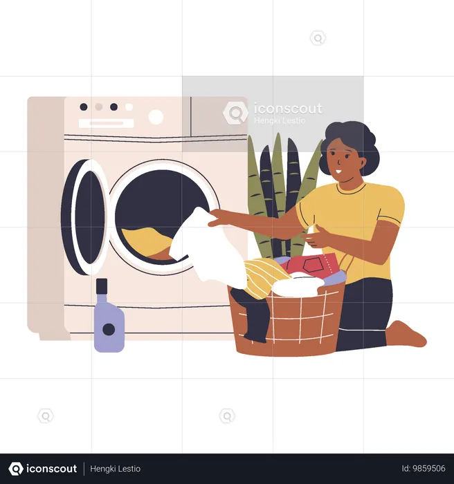 Mother washing dirty clothes using a machine  Illustration