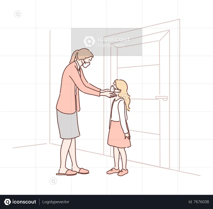Mother wearing face mask to daughter  Illustration
