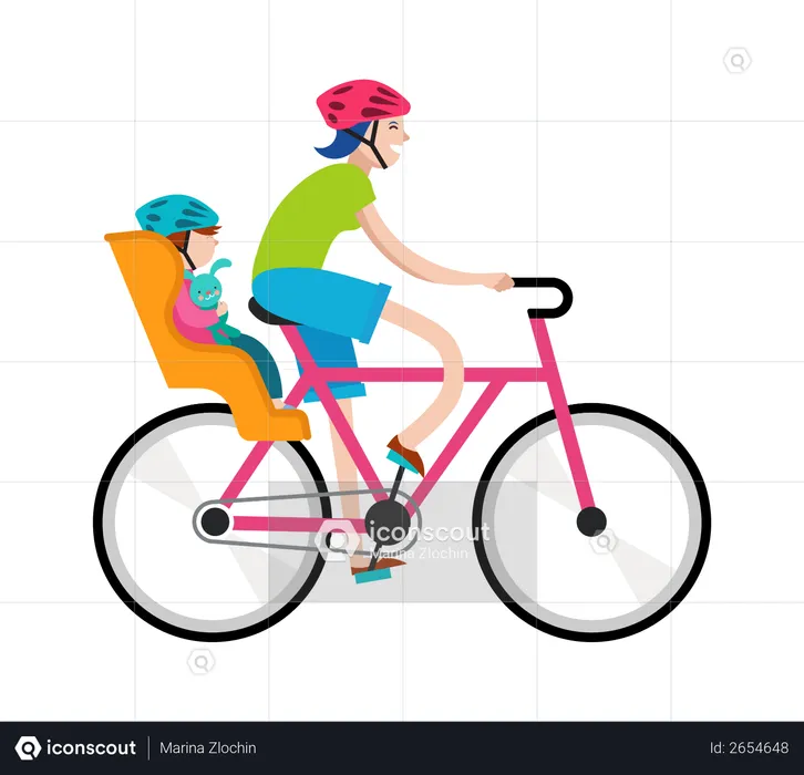 Mother with baby riding on bicycle  Illustration