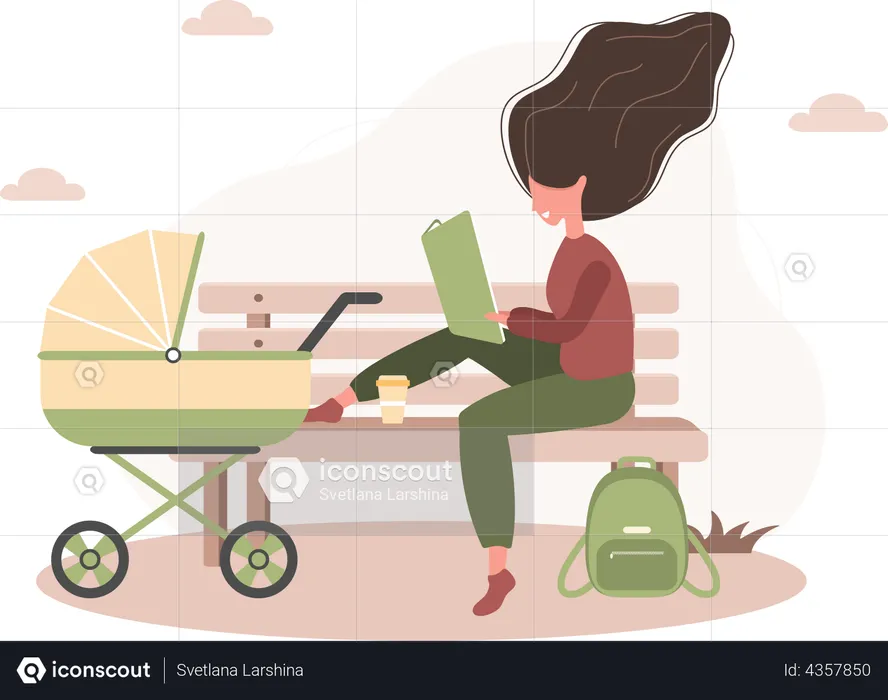 Mother with baby stroller reading book  Illustration