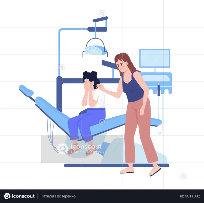 Mother with crying daughter in dentist office  Illustration