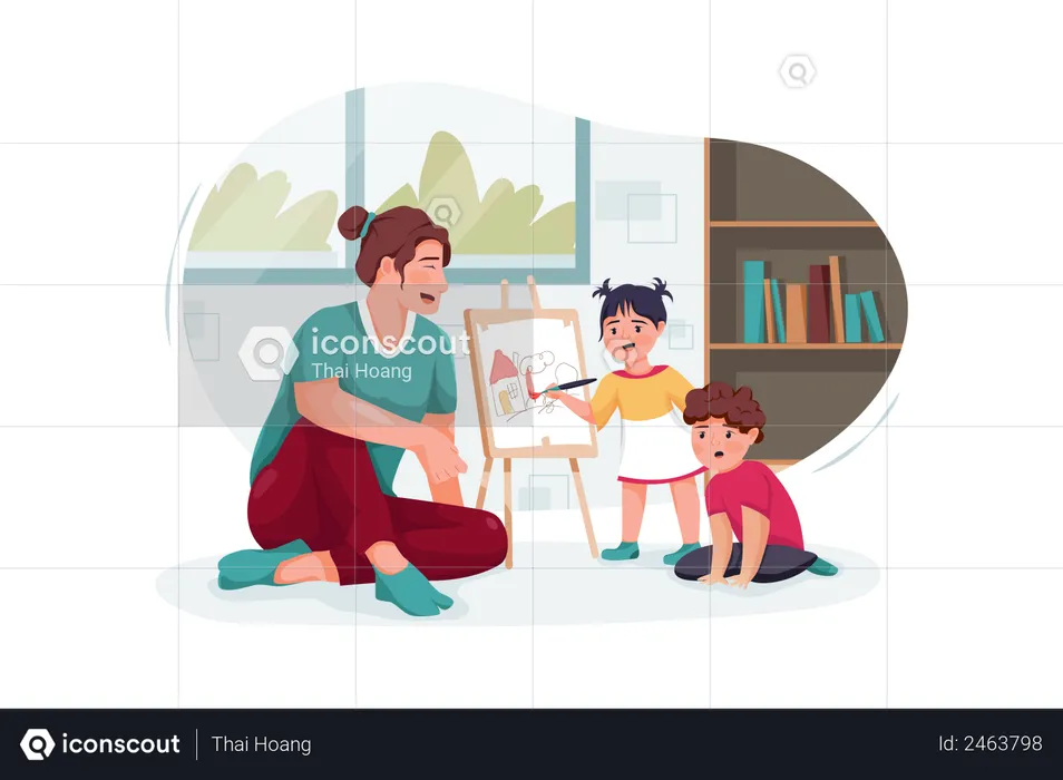Mother with cute little children playing and drawing at home  Illustration
