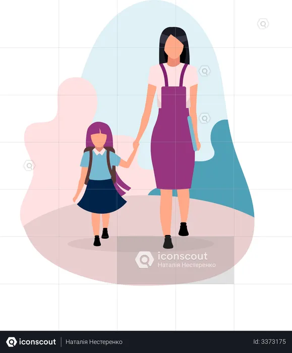 Mother with daughter going to school  Illustration