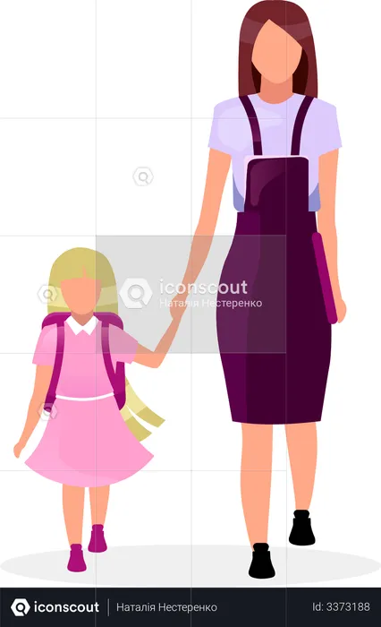 Mother with daughter going to school  Illustration