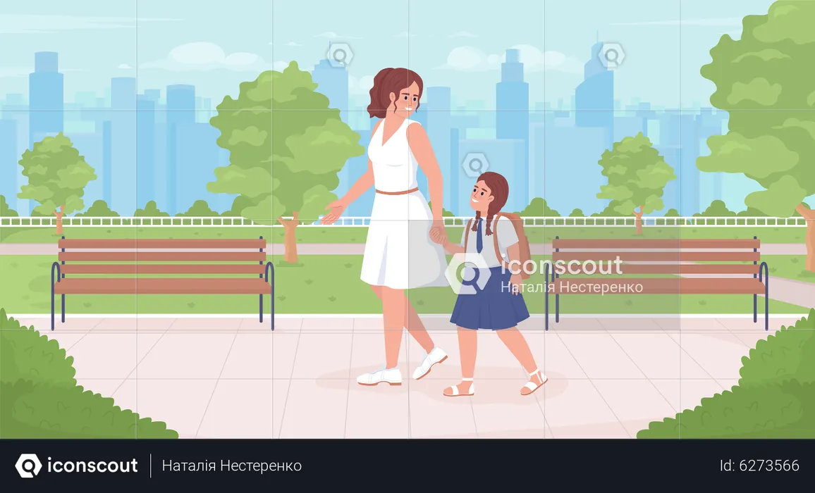 Mother with daughter in school uniform  Illustration